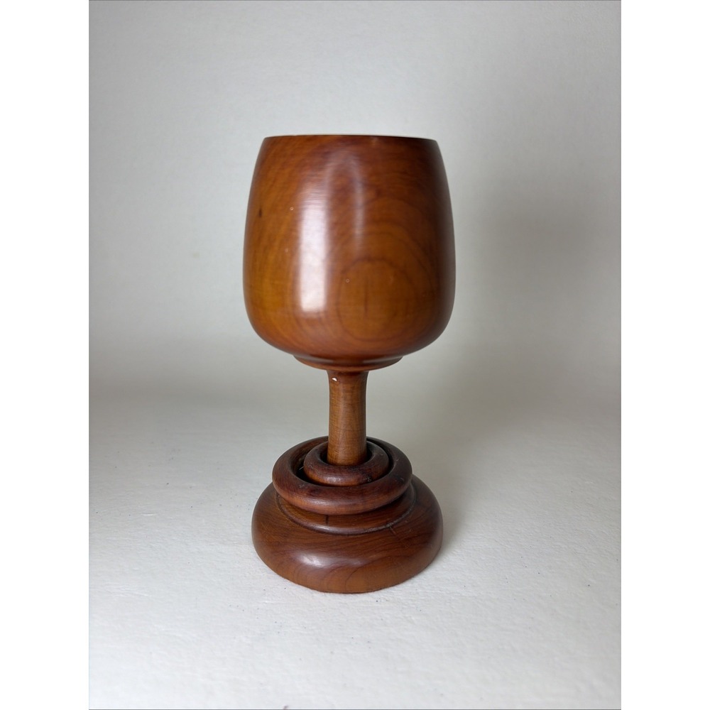 Vintage Wooden Goblet Cup Handcrafted Captive Rings Wedding 6 Inches Tall